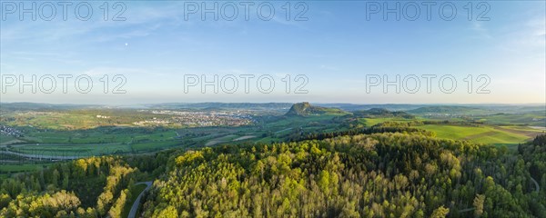 Aerial panorama of the volcanic Hegau landscape with Hohentwiel and the town of Singen am Hohentwiel