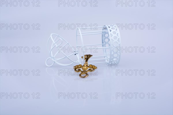 Retro styled key by the side of a bird cage on white background