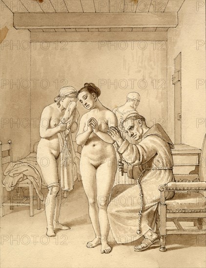 A monk punishing two naked woman