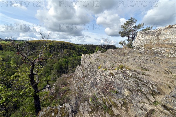 Boulders of Altlayer Schweiz on the hiking trail in Hunsrueck in spring