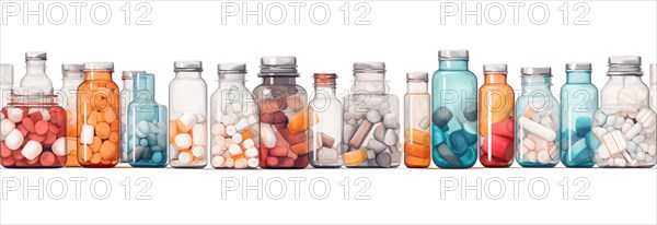 Seamless tileable rows of medicine and drug bottles with pills on a white background