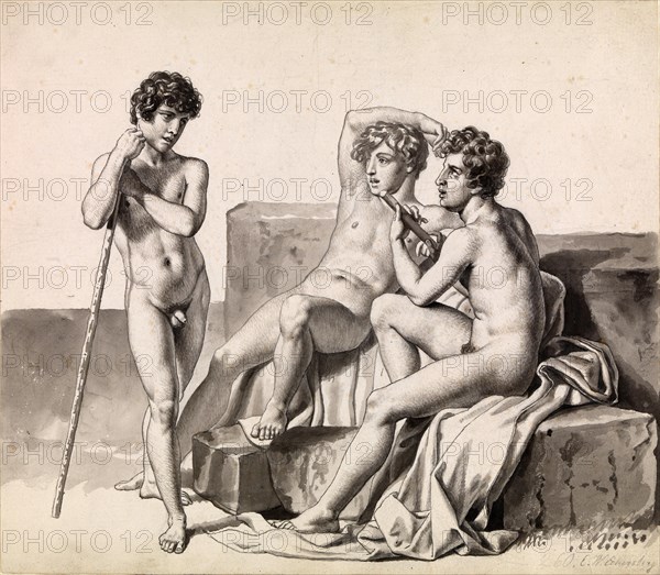 Three young naked boys standing or sitting between stone blocks