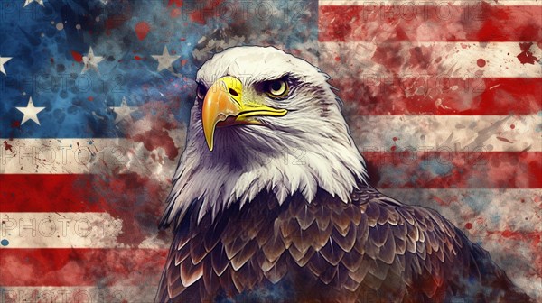 Watercolor of american bald eagle over an american flag abstract background