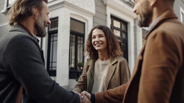 Young adult couple shaking hands with their real estate agent in front of A new house