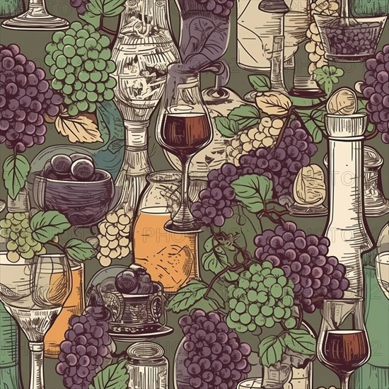 Seamless tile illustration of wine and grapes theme