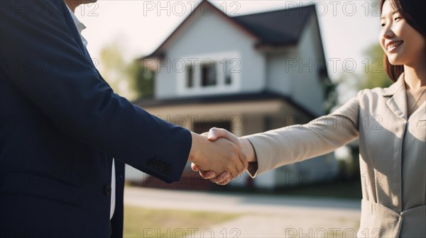 Young asian woman shaking hands with her real estate agent in front of A new house
