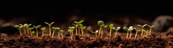 Row of budding sprouts out of moist soil