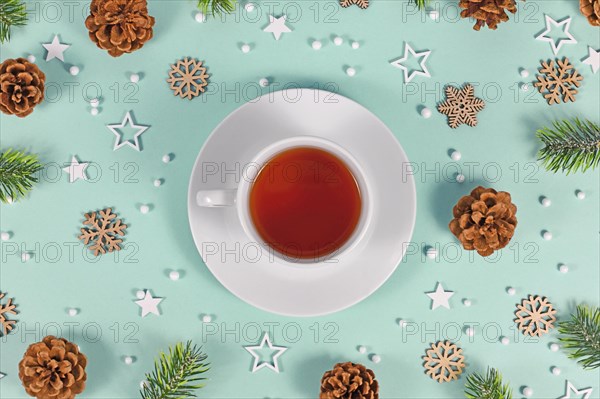 Cup with red tea surrounded by seasonal winter decoration on mint green background