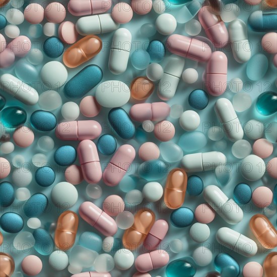 Seamless tile overhead photo of A variety of presciption pills and drugs