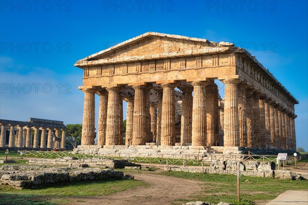 The ancient Doric Greek Temple of Hera of Paestum built in about 460-450 BC. Paestum archaeological site