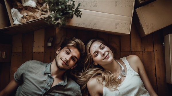 Happy young adult couple laying on the floor of their new home with moving boxes surrounding them