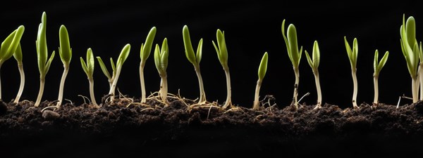 Seamless tileable cross section row of budding sprouts of new growth out of soil on a black background