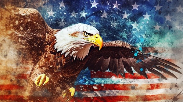 Watercolor of american bald eagle over an american flag abstract background