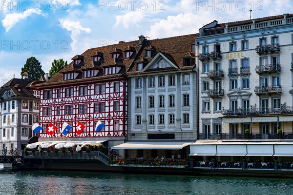 Reuss River and City of Lucerne with Luxury Hotel in Switzerland