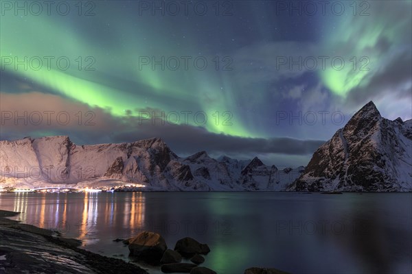 Northern Lights or Aurora Borealis over Reinefjord