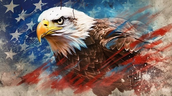 Watercolor of american bald eagle over an american flag abstract background