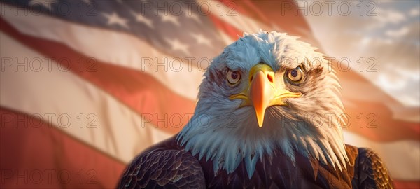 Close-up of an american bald eagle head over an american flag abstract background