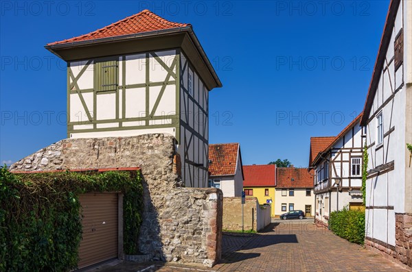 Historic half-timbered tower on the old town wall in Schachtweg