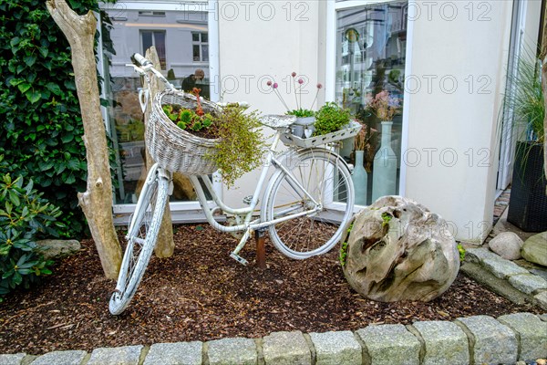 Old bicycle with flower pots as decoration of a front garden in the villa district of Sassnitz