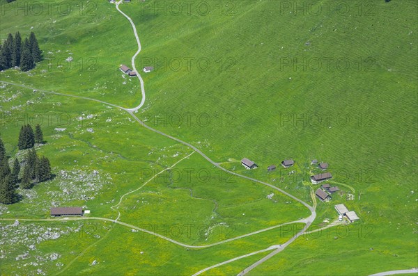 Montane Strukturen und Gehoefte auf der Schwaegalp am Fuss des Saentis
