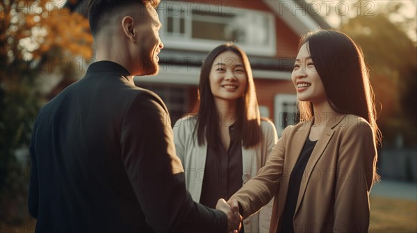 Young asian woman shaking hands with her real estate agent in front of A new house