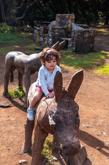 A boy playing on the wooden horse