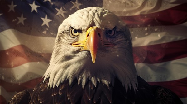 Close-up of an american bald eagle head over an american flag abstract background