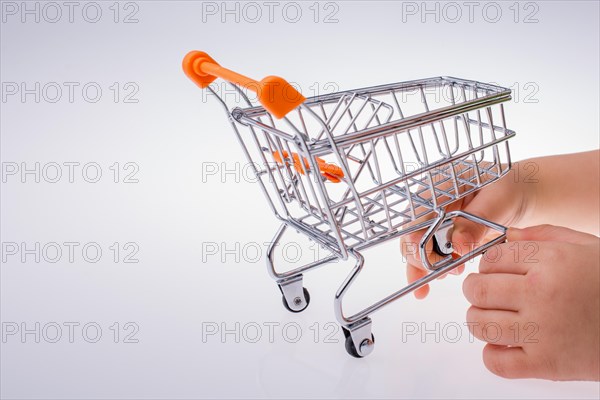 Shopping cart in the hand on white background