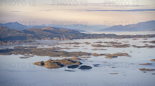 View of sea with archipelago islands from Svellingsflaket and mountains