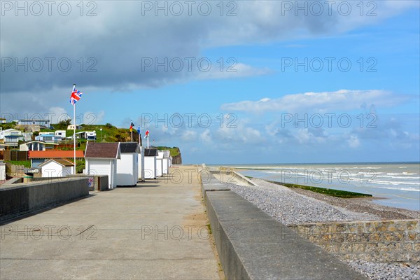 Seafront boardwalk in the city of Saint-Aubin-sur-Mer in District of Caen Calvados in Basse Normandie northwest France