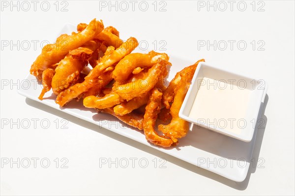 Fried battered squid with mayonnaise sauce. traditional mediterranean food