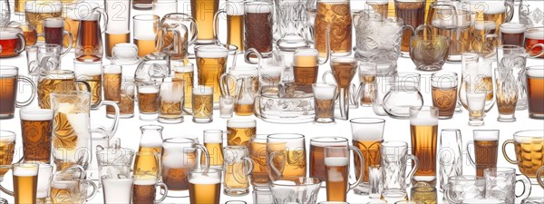 Seamless tileable rows of glasses and mugs of beer on a white background