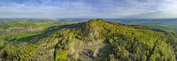 Aerial panorama of the former basalt quarry at the Hegau volcano Hohenstoffeln
