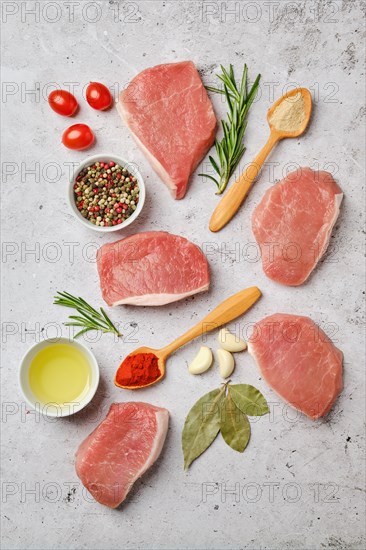 Overhead view of fresh pork escalopes with spice and herbs on concrete background