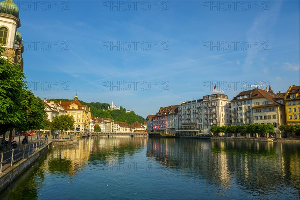 Reuss River and City of Lucerne in a Sunny Day in Switzerland