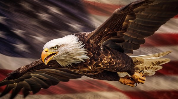 American bald eagle in flight with an american flag abstract background