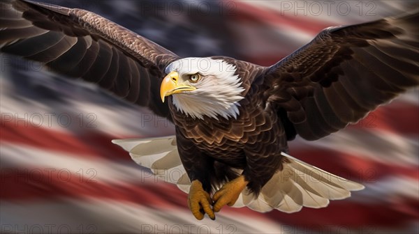 American bald eagle in flight with an american flag abstract background