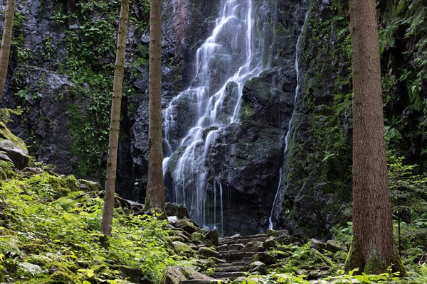 Landscape shot of the Burgbach waterfall