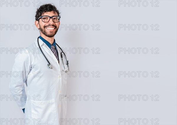 Portrait of happy doctor on isolated background. Happy latin doctor with copy space isolated