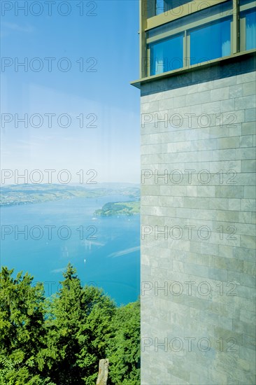 Hotel Five Stars Buergenstock over Lake Lucerne and Mountain in Sunny Day in Buergenstock