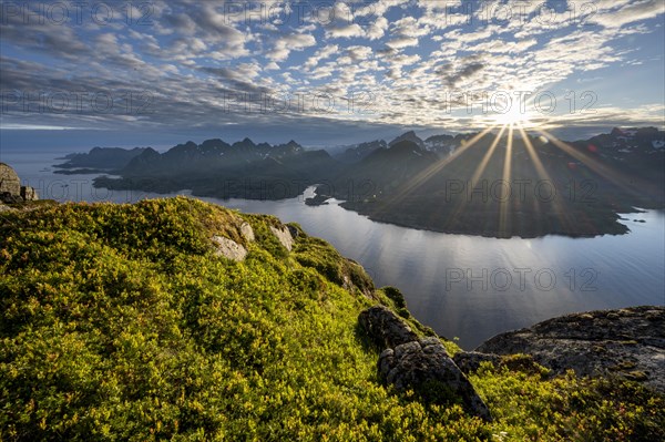 View of Fjord Raftsund and mountains in the evening light