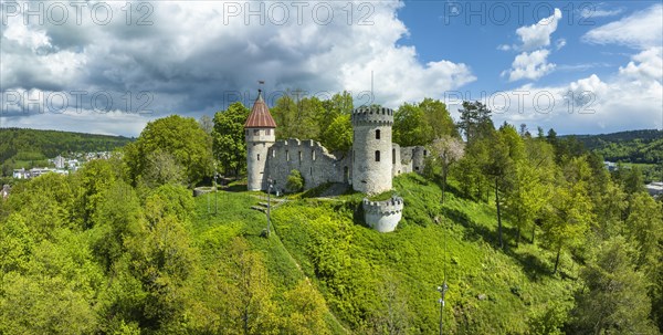 Aerial panorama of the Honburg castle ruins on the Honberg