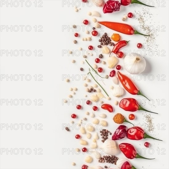 Truly seamless tile of overhead photograph of A variety of vegetables and spices