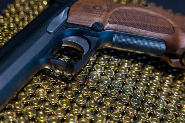 Elegant Semiautomatic 9mm Handgun with Swiss Helvetia Symbol Leaning on Bullet Ammunition in Switzerland