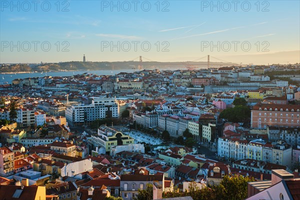 View of Lisbon famous view from Miradouro da Senhora do Monte tourist viewpoint of Alfama and Mauraria old city district