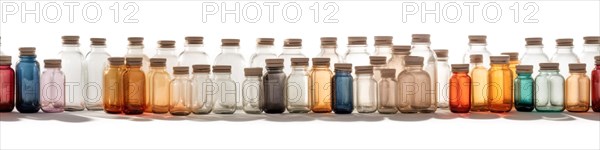 Seamless tileable rows of medicine and drug bottles on a white background