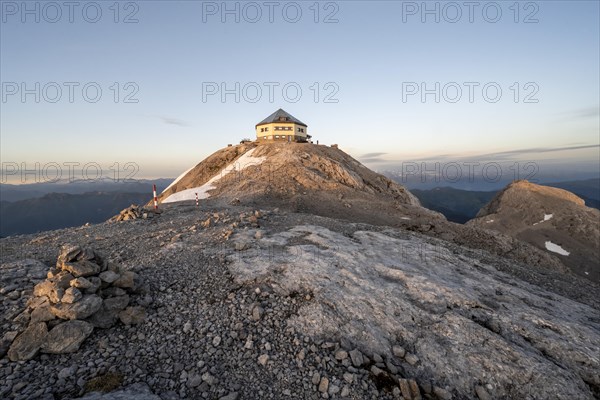 Matrashaus mountain hut at the Hochkoenig summit at sunrise