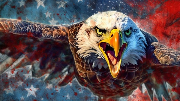 Watercolor of american bald eagle over an american flag abstract background