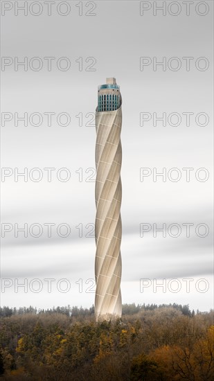 Long exposure of the architectural wonder Thyssen Krupp Testturm in autumnal forest and fog in Rottweil