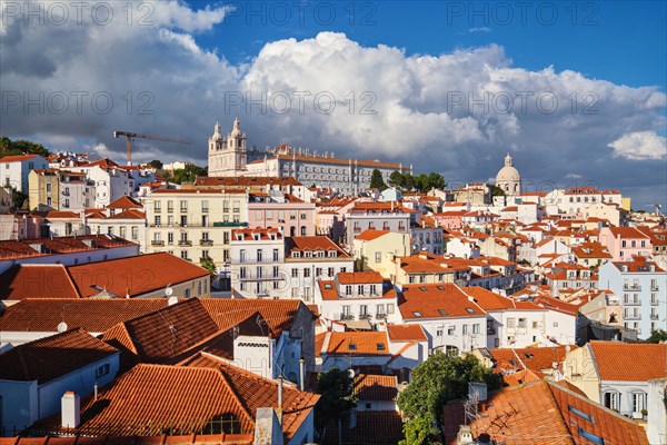 View of Lisbon famous postcard iconic view from Miradouro de Santa Luzia tourist viewpoint over Alfama old city district. Lisbon